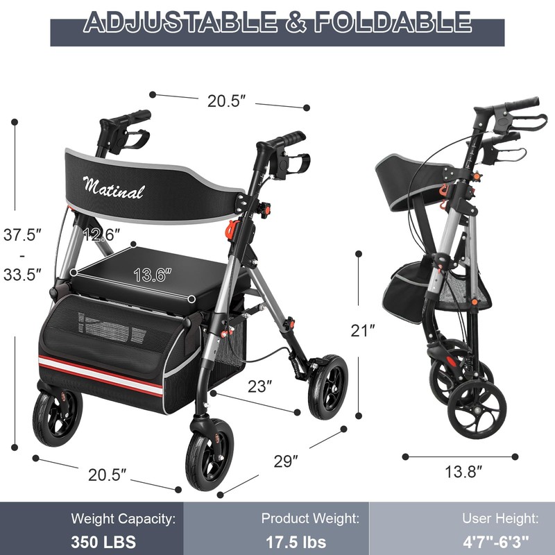 Matinal Walkers for Seniors, Rollator Walker with Seat, Walkers for