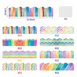 BXawi 96Pcs Watercolor Bulletin Board Borders Colorful Watercolor Stripes Dots Wave Rainbow Scalloped Borders Trim Back to School Chalkboard Wall Door Decor for Classroom Home Office Party Supplies