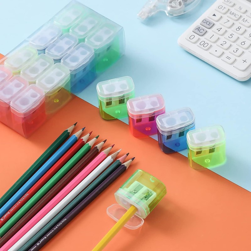 24 Pieces Pencil Sharpener with Container, 4 Colours Sharpener with