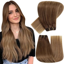 Hetto Weft Hair Extensions Blonde Sew in Hair Extensions Human Hair Medium Brown to Light Brown with Dark Golden Blonde Weft Extensions Human Hair Soft and Smooth 18 Inch 100g