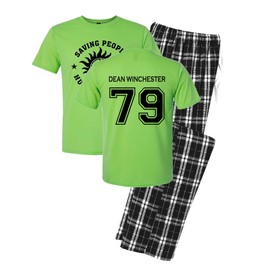 Studio 9Thirty3 Dean Winchester Pajama Set – Supernatural Merch Shirt & Pants – Saving People Hunting Things Lounge Gift (Lime Green, Medium)