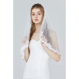 Wedding Bridal Veil with Comb 1 Tier Lace Applique Edge Elbow Length 28" White