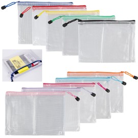 A5 Plastic Wallets Mesh Zipper Pouch with Label Pocket, Pack of 10, Durable Document Folder File Storage Bags for Office, School, Travel - Assorted Vibrant Colours, 24 x 17.5 cm