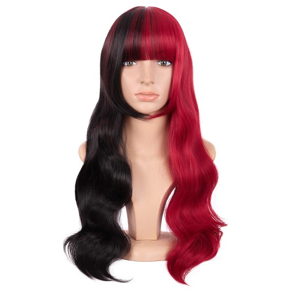 MapofBeauty 24 Inch/60cm Multicolor Flat Bangs Long Curly Fashion Cosplay Party Wig (Half Red Half Black)