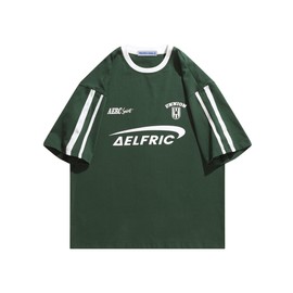 Aelfric Eden Graphic Tees Y2k Women Oversized T Shirts Striped Patchwork Crewneck Unisex Streetwear Tops Green XL