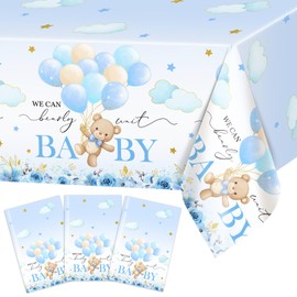 Avezano 3 Pcs Bear Baby Shower Tablecloth We Can Bearly Wait Table Cloths Blue Bear Baby Shower Decorations 108 x 54 Inch