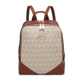 MKP Women Fashion Double Zipper Medium School Backpack Purse PU Leather Ladies Travel Shoulder Bag Set 2Pcs backpackeyes - Color: Beige