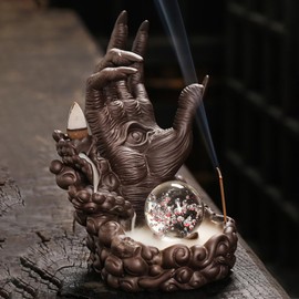 Buddha Hand Series Backflow Incense Burner Skull Incense Waterfall Holder Smoke Indoor Creative LED Ceramic Incense Cone Incense Burner Decoration Incense Burner Ornamen for Home Office Yoga Temple
