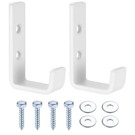 Pack of 2 Wall Hooks, Garage Hooks, Heavy Duty Hooks, Wall Hooks for Screws, J Hooks, Universal Hooks for Hanging, Tool Hooks, Ladder Hooks for Garage, Garden Hose, White