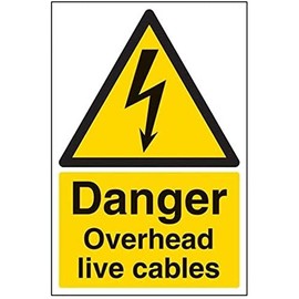 V Safety Danger, Overhead Live Cables Warning Sign - 200mm x 300mm - 1mm Rigid Plastic