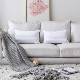 UGASA Velvet Pillow Covers Striped, Decorative Throw Cushion Case with Hidden Zipper for Home Couch/Bedroom/Car, Soft Cozy Solid Oblong, 1 Pack (12"x20", Pure White)