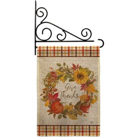 Give Thanks Wreath Burlap Garden Flag - Set Wall Holder Fall Harvest & Autumn Scarecrow Pumkins Sunflower Leaves Season Autumntime Gathering - House Banner Small Yard Gift Double-Sided 13 X 18.5
