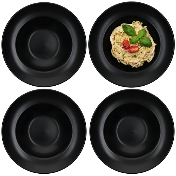 MamboCat Set of 4 Nero Pasta Plates, Matte Black, 400 ml, Diameter 27 cm, Black Noodle Plates, Deep Dinner Plates, Stoneware, Crockery for Serving Pasta, Alternative for Soup, Salad etc