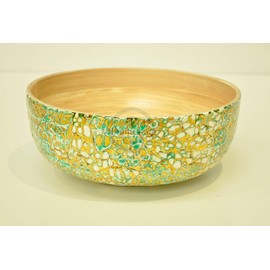 bamboo bowl, wooden round bowls, handmade wood fruit bowl sweet bowl fine quality decorative homeware glossy lacquer inlaid with egg shell in unique mosaic, green gold effect small size H004S