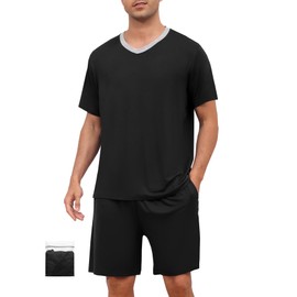 YOPUGEE Mens Pajama Set Short Sleeve V Neck Pjs Set Summer 2 Piece Nightwear Lightweight Sleepwear with Pockets Black-XL