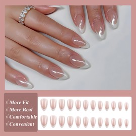 French Press On Nails Almond - Pearl Glossy False Nails With Glue - White French Tip Nude Pink False Nails - Medium Length Full Cover Stick On Nails For Women Girl Nail DIY - 12sizes, 24pcs