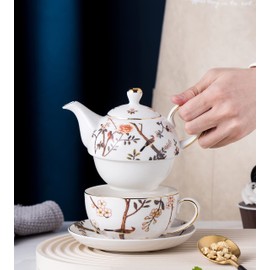 Jusalpha Bird Series Fine China Teacup and Saucer Set, 16 Oz Teapot and 9 Oz Teacup for One, Tea for one #09