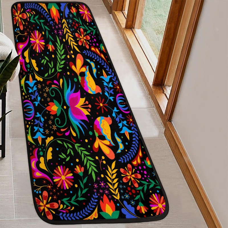 Floral Mexican Birds Kitchen Rug,Kitchen Runner Rug Non Slip Washable