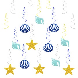 Seashells & Starfish Hanging Swirls, Last Toast on The Coast Hanging Decoration, Seashells & Wedding Bells Party Decor, Summer Beach Bachelorette Baby Shower Party Favors - Blue&Silver Glitter