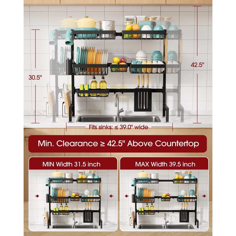 Sakugi Over The Sink Dish Drying Rack - Adjustable 3