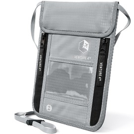 VENTURE 4TH Neck Wallet, RFID Blocking Passport Holder for Travel – Hidden Neck Pouch with 6 Compartments, Slim Lightweight Organizer with Adjustable Strap for Cash, Cards & Passport (Silver)