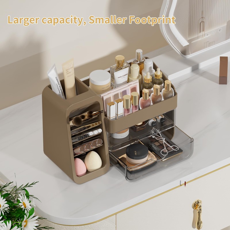 Makeup Organizer with Adjustable Brush Holder for Vanity, Large Skincare