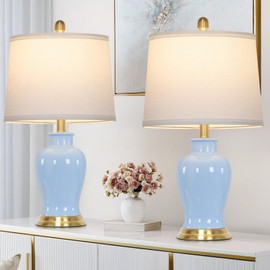 23" Modern Blue Ceramic Table Lamps Set of 2, Coastal Ceramic Lamps for Living Room, Classic Bedside Lamp with Ginger Jar Design, Elegant Bedroom Lamp for Night stand Desk Side End Table Home Decor