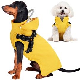SlowTon Dog Raincoat Waterproof - Dog Rain Jacket with Harness and Hood Lightweight, Reflective Dogs Rain Coat for Large Medium Small Dogs Girl Boy Puppy Poncho Pet Clothes (Yellow, M)