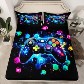 Gamepad Consoles Kid Sheet Full Size,Video Games Controller Gamer Gaming Bedding Set,Boys Men Room Decor,Star Space Geometric Honeycomb Blue Chic Bed Sheet Set 4pcs(Fitted + Flat + 2 Pillowcases)