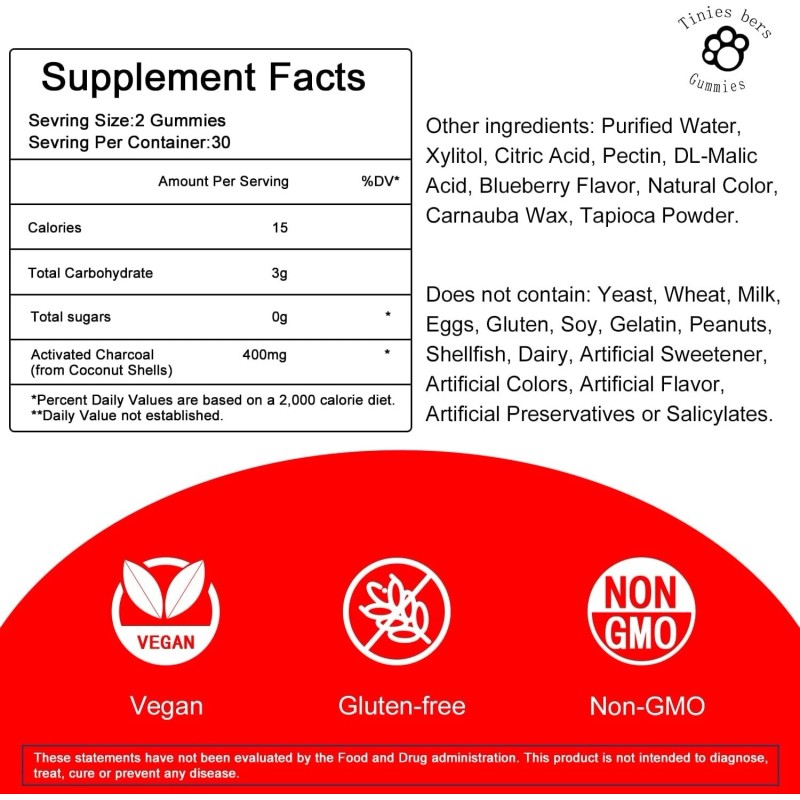 Tinies bers Activated Charcoal Gummies Sugar Free, 400Mg Charcoal Supplements