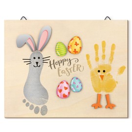 Wonderjune Baby's First DIY Easter Footprint Art Wooden Milestone Card Easter Keepsake Bunny Chick Happy Easter Sign Nursery Decorative Ornaments for Baby Shower Newborn Photoshoot Prop Basket Stuffer