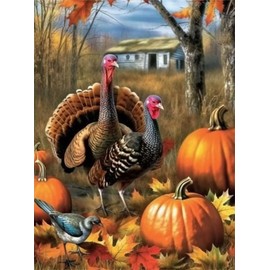 Zariocy Diamond Art Painting Kits Round Full Drill, Happy Thanksgiving Pumpkin Turkey Round Full Autumn Paint with Diamonds Art DIY Rhinestone Embroidery Home Wall Decor 30x40cm/12x16inch