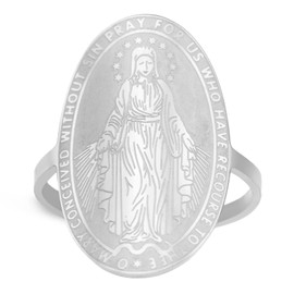 TEAMER Miraculous Virgin Mary Medal Ring Stainless Steel Resizable Mary Medallion Ring Religious Faith Protection Jewelry For Women Men (Silver)