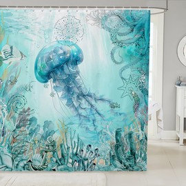 Feelyou Jellyfish Bathroom Shower Curtain Set Ocean Boys Girls Bath Curtain Sea Shower Curtain Ocean Coastal Kids Bathroom Accessories 72"x72"