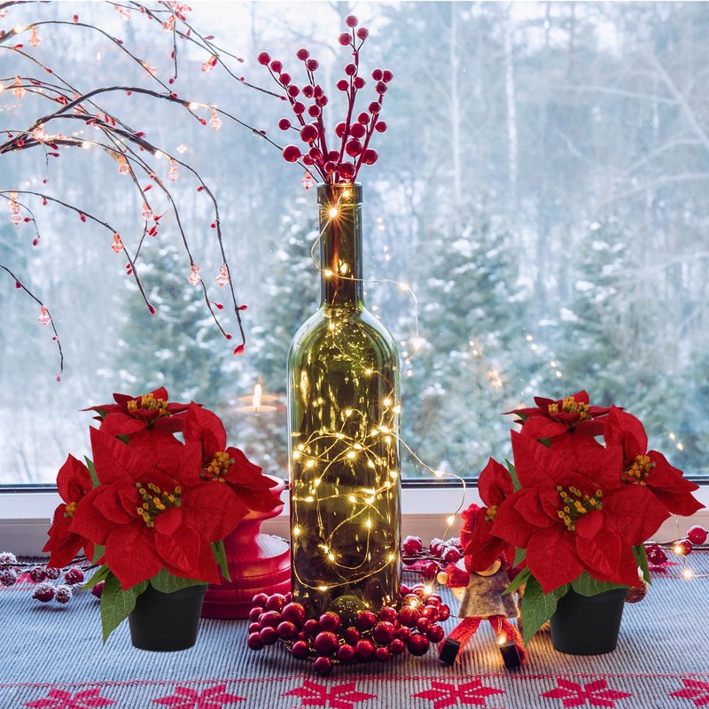 Poinsettias Flowers Artificial in Pot 2PC Small Red Christmas Plant