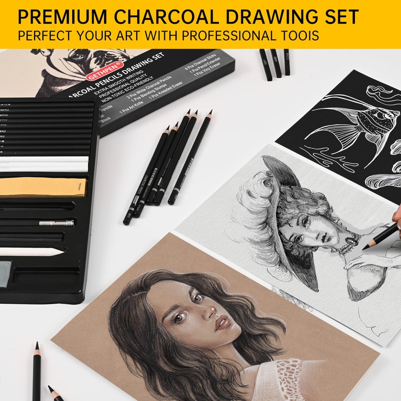 GETHPEN 27 Piece Charcoal Drawing Set - Professional Black &