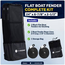 Five Oceans Contour Flat Boat Fender, Boat Fenders, Boat Bumpers for Docking, 2-Pack - 24-Inch, Black, with 3/8-Inch x 5-Foot Fender Line and Convenient Storage Bag, Waterproof PVC Fabric - FO4615