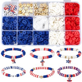 SUNNYCLUE 1 Box DIY 6 Sets Independence Day Bracelet Making Kit 4th of July Polymer Clay Beads American Flag Charms USA Flag Charm Patriotic Charms Red White Blue Beads for jewellery Making Kits