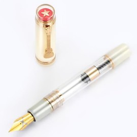 Jinhao 1935 Tiandao Fountain Pen, Size 8 Medium Nib, Golden Guitar Clip, White and Transparent Acrylic with Converter