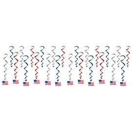 Beistle American Flag Whirls 24 Piece Patriotic Party Supplies, 4th of July Labor Day Decorations, Hanging Spirals, 17.5" - 28", Red/White/Blue/Silver