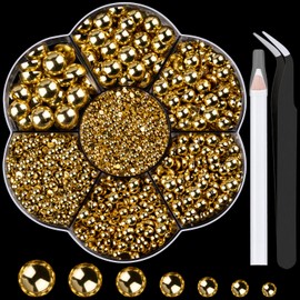 Nail Art Flat Back Half Round Pearl Kits 11, 1 Box of 5600 Pcs Flat-Back Gold Pearl with Tweezer and Picker Pencil for Home DIY Nails Body Face Craft and Salon Use