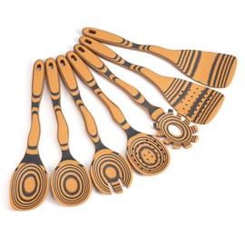 7-Piece Curved Handles Wooden Spoons for Cooking with Ergonomic Grip, Pinewood Fiber Wooden Kitchen Utensil Set, Home & Kitchen Gifts for Men and Women, Dishwasher Safe & Maintenance Free