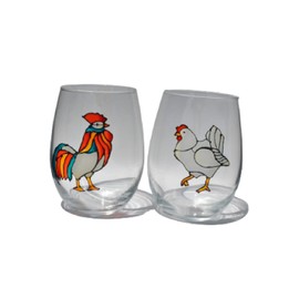 Rooster Hen Stemless Wine Glasses Set 2 Hand Painted Fall Home Decor