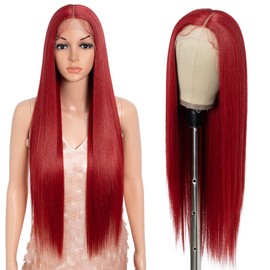 Style Icon 32-Inch Long Straight Wig Mid-Part Lace Front Silky Smooth Synthetic Red Wig