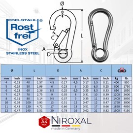 Pack of 2 Carabiner Hooks Large 11 mm Strong Carabiner Stainless Steel Hook Keyring with Eye Thimble 11 x 120 mm Key Ring Hammock Swing