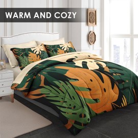 Pamnest Comforter Set King Size, Boho Monstera Leaves 7 Pcs Bedding for Kids and Adults, Bohemian Plant Summer Bed Sheet Sets with Fitted Sheet 2 Pillowcase & 2 Sham for Bedroom Bed Decor