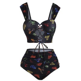 DRESSFO Bikini Set for Women Two Piece Bathing Suit High Waisted Bikini Gothic Sun and Moon Tummy Control Swimsuits(Multi/Small)