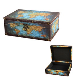 LIKEUDO Wooden Decorative Jewelry Storage Box with Map Pattern Treasure Chest PU Cover(23cm*16.5cm*9.5cm)