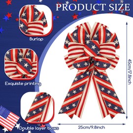 Moucuny 2 Pcs Large Veterans Day Bows Red White Blue Bows American Flag Bow Patriotic Wreath Burlap Bow Memorial Day Tree Topper for Indoor Outdoor Independence Day Party Decoration