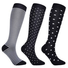 Miavogo 3 Pairs of Compression Socks for Women, Compression Socks with 20-30 mmHg, Colourful Thrombosis Stockings, Compression Socks for Sports, Running, Travel, Black and white, S-M